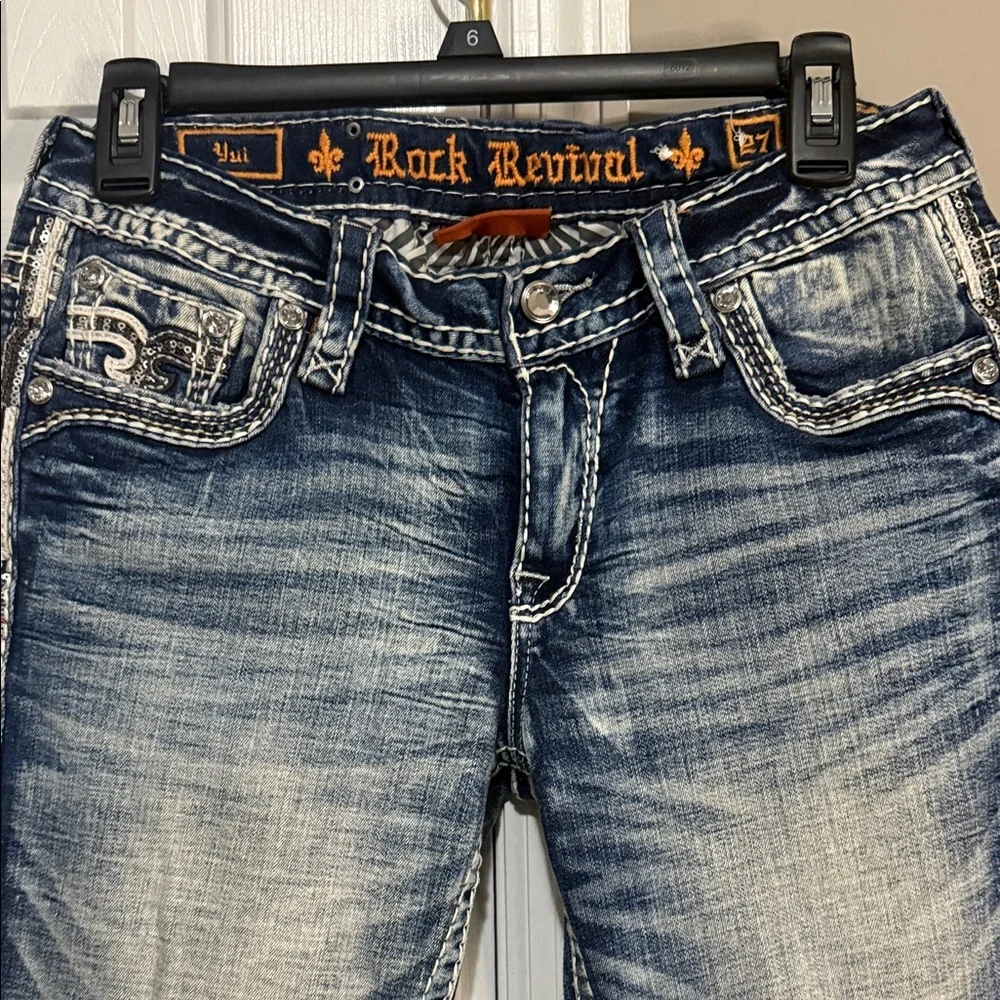 💥 Rock Revival Women's Distressed “Yui” Blue Boot Cut Jeans {27} 30” inseam. 💥 - Picture 2 of 16